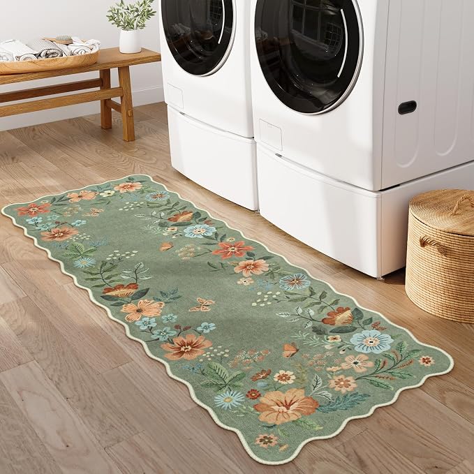 Lahome Floral Washable Runners for Hallways, 2x5 Kitchen Runner Non-Slip | Scalloped Ultra-Thin Non-Slip Soft Hallway Rug Boho Carpet for Laundry Bathroom Bedroom Flore (2x5ft, Green)
