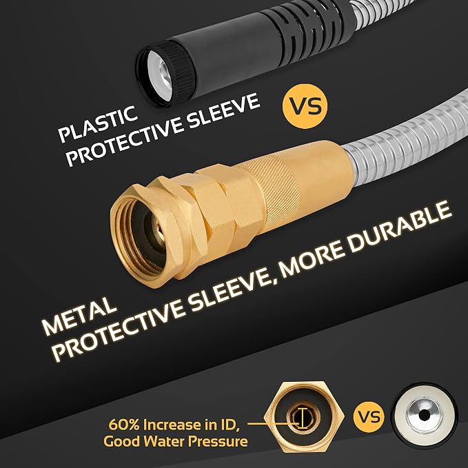 Garden Hose Metal - 25ft Heavy Duty Stainless Steel Water Hose with 8 Function Sprayer & Metal Fittings, Flexible, Lightweight, No Kink, Puncture Proof Hose for Yard, Outdoors, Rv