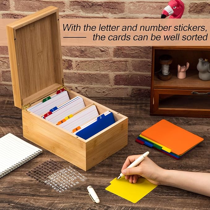 Henoyso 4 x 6 Inch Index Card Holder Set, Bamboo Organizer Box with 50 Dividers & 2 Sheets Alphabet Number Stickers File Note Holders, Holds 1200 Cards for Office Business Home Kitchen, Wooden Color