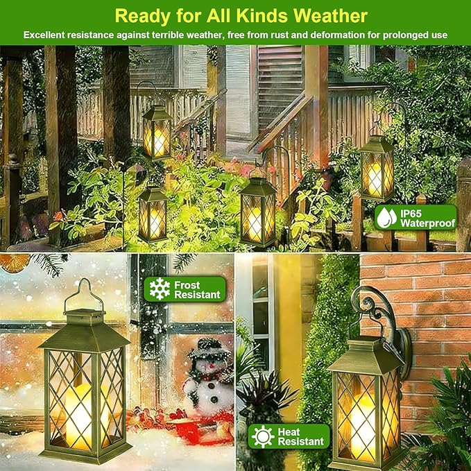 2 Pack 14" Large Tempered Glass Solar Lanterns Outdoor Waterproof, Hanging Solar Lights with Flickering Flameless Candles, Solar Lantern for Wall Porch Patio Table Garden Decoration-Bronze