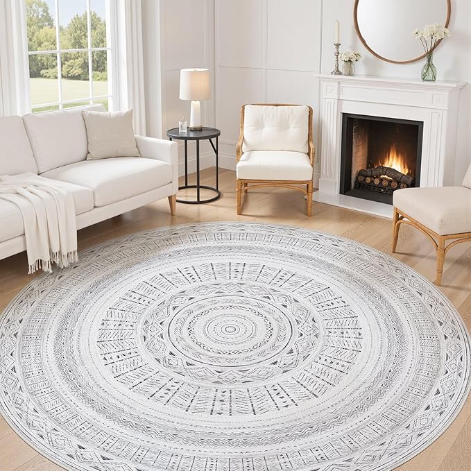 cotiled 8x8 Round Rug 8ft Circle Living Room Boho Area Rugs | Solve Modern Neutral Trendy Home Decor - Washable Foldable Indoor Carpet for Bedroom Home Office Dark Grey