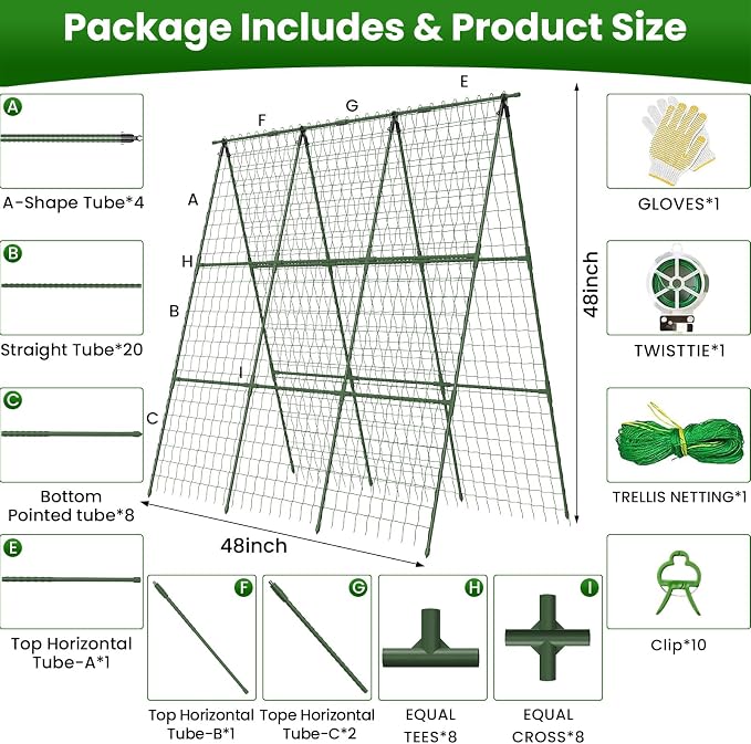 2 Pack Cucumber Trellis 48" L x 48" H, A-Frame Garden Trellis for Climbing Plants Outdoor, Vegetable Trellis for Raised Bed, Support for Squash Pea Zucchini Grape Flowers Tomato