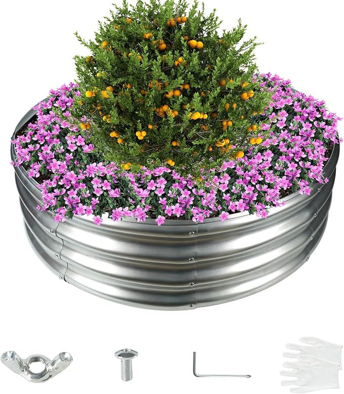 YSEJOMP 3FT Diameter Galvanized Garden Raised Bed/Plant Box/Fire Pit Ring-0.8mm Thick,12 Inch Tall,Crimped Edge and Corner,No Sharpe,Perfect for Plantings (Silver, 36 Dia X 11.5 inches)