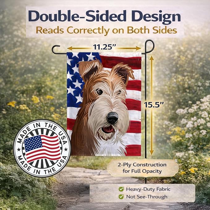 Caroline's Treasures CK6527GF Fox Terrier Wire Dog American Flag Garden Flag Mailbox Flag Decorative Yard Flag Banner Outside Patio Artwork Yard Flower Beds, Garden Size, Multicolor