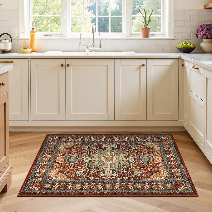 U'Artlines 2' x 3' Boho Hallway Runner Rug, Washable Carpet, Rust＆Teal | Non Slip, Vintage Farmhouse Accent Area Rug Carpet, for Kitchen Entryway Laundry and Living Room