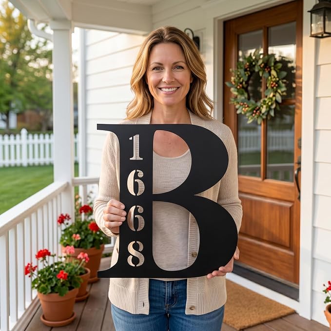 Personalized Metal Address Sign with Large Initial, Custom House Number Plaque and Family Last Name Sign for Outside, Outdoor Wall Mount Address Marker for Front Door Porch Yard