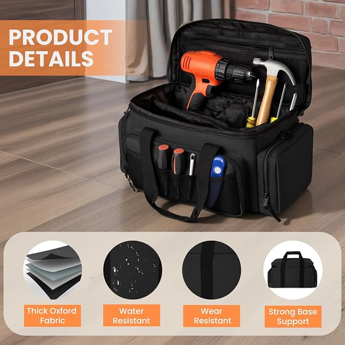 VJI Heavy Duty Tool Bag with Multi-Pockets, Portable Storage Bag with Large Zipper, Carrying Toolbag with Adjustable Shoulder Strap and Ergonomic Handle, Repairman, Carpenters, Handyman, Black