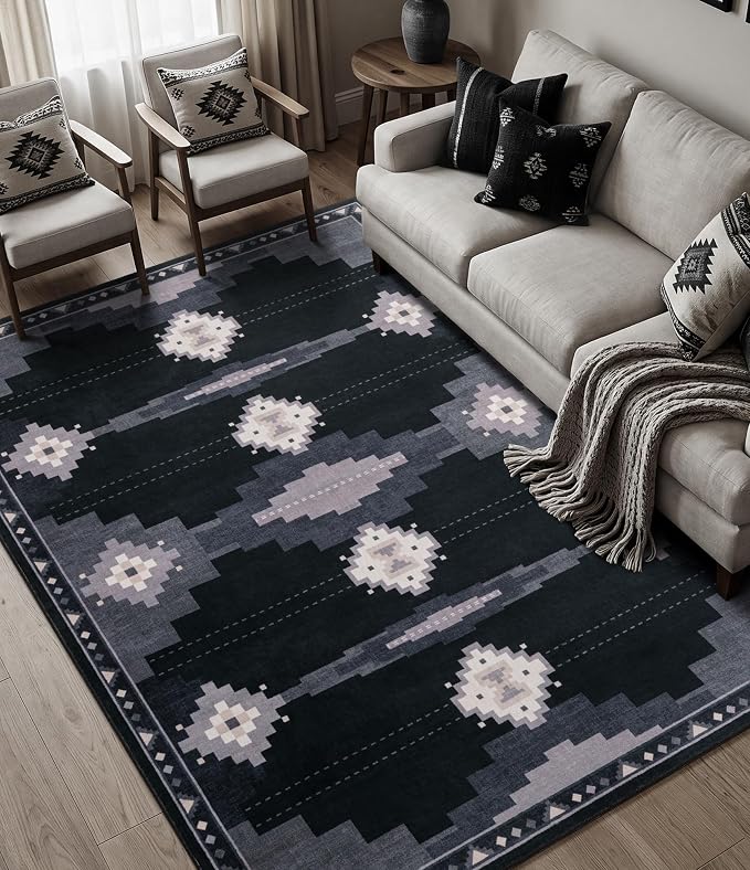 5'x7' Washable Area Rug for Living Room, Black and Grey Western Aztec Rug | Soft, Non-Slip, Southwestern Geometric Design, for Boy Bedroom Dining Room Playroom, Low Pile, Pet Friendly, Stain Resistant
