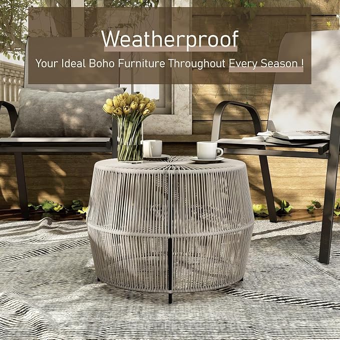 Furniture of America Ysar Boho Rattan Round Coffee Table Outdoor with Metal Frame, All-Weather and Rust Resistant, Handcrafted Coastal Furniture for Patio, Poolside, Garden, Yard, Gray