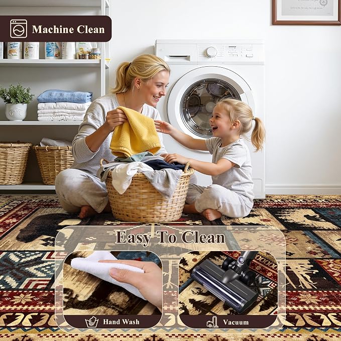 LOKHOM 5ft Round Area Rugs for Bedroom, Washable Western Western Bear Rug | Bear Pattern, Non-Slip, Low Pile, Soft Floor Carpet, Vintage Wildlife Accent, For Living Room Bedroom Entryway Nursery