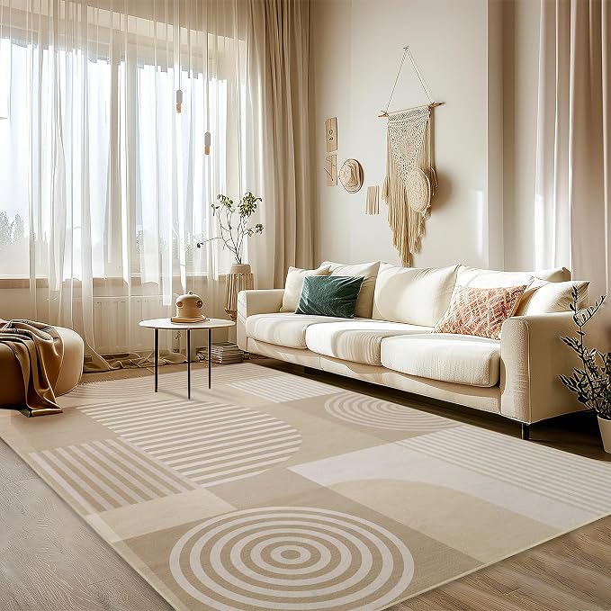 Area Rug 6x9 Living Room Beige Geometric Rug Machine Washable White Minimalist Mid Century Modern Area Rugs Non Slip Low Pile Large Dining Room Indoor Floor Carpet for Bedroom Office,Beige