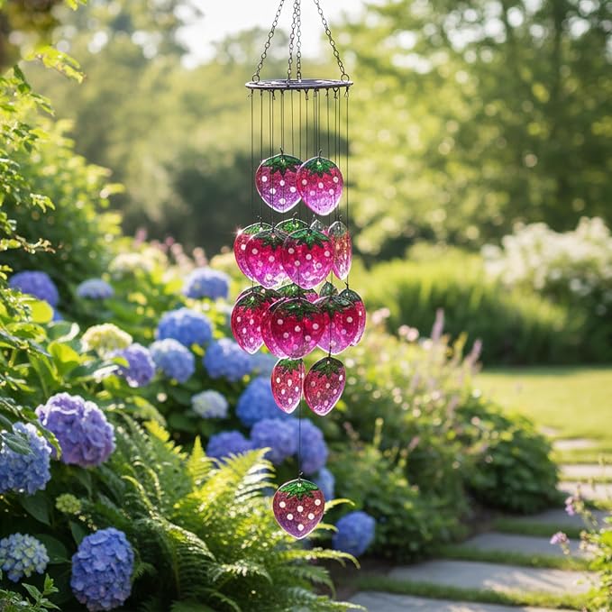 Small Sea Glass Wind Chimes for Outside, Strawberry Windchimes Outdoors Unique, Sea Glass Art Wind Chimes Outdoor Gifts for Women, Hanging Outdoor Garden Decor
