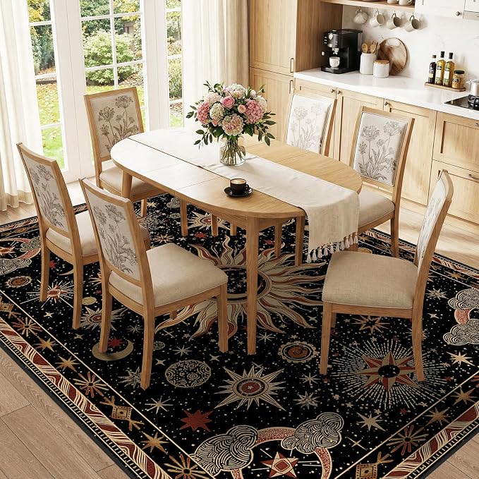 Vacuum-Friendly, 9x12 Washable Area Rug, Black Gold Beige Red | Sun and Moon Boho Gothic Non-Slip Low Pile Living Roon Bedroom Dining Room Kitchen Entry Entryway Entrance Hallway Doormat