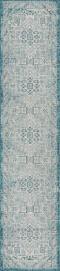 Unique Loom Outdoor Aztec Collection Area Rug - Coba (2' 7" x 12' Runner, Teal/ Ivory)