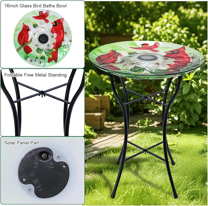 MUMTOP Glass Bird Baths for Outside, 16 Inch Width Outdoor Garden Red Cardinals Bird Bath Bowl with Solar Light and Metal Stand, Large Glass Birdbaths Bird Feeder for Yard Decor, 20 Inch Height