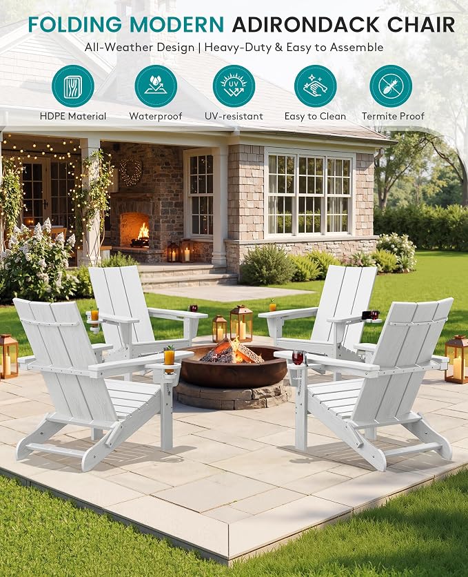 SERWALL Modern Folding Adirondack Chair Set with 9 Ft Umbrella, Folable Adirondack Chairs Set of 2 with Cup Holders, HDPE Fire Pit Chairs for Patio Lawn Garden, White (Umbrella Base is not Included)