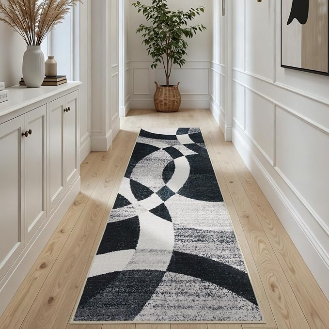 Joydeco 2x6 Geometric Washable Hallway Runner Rug, Black Grey White | Modern Non-Slip Low Pile Soft Stain Resistant Dark Gray Pet Child Friendly Carpet for Bedroom Entryway Kitchen Laundry Room