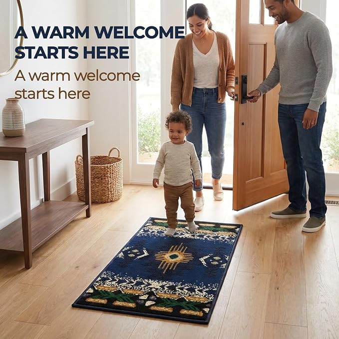YHSF South West Native American Area Rug C318 - Easy Clean, Thick, Soft, Durable Native Tribal American Indian Inspired Rug for Bedroom/Living Room and More - Navy Blue, 16 Inches x 28 Inches