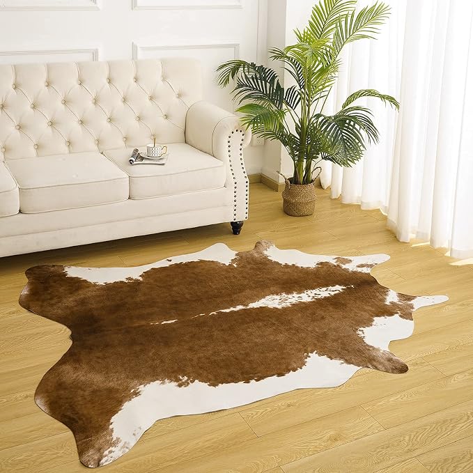 AROGAN Faux Cowhide Rug, Brown Cow Print Large Animal Area Rug, 5.2x6.2 Ft | Premium Cow Hide Carpet, Western Rug for Bedroom Living Room Decor, Durable Faux Cow Skin Cowhide Area Rug