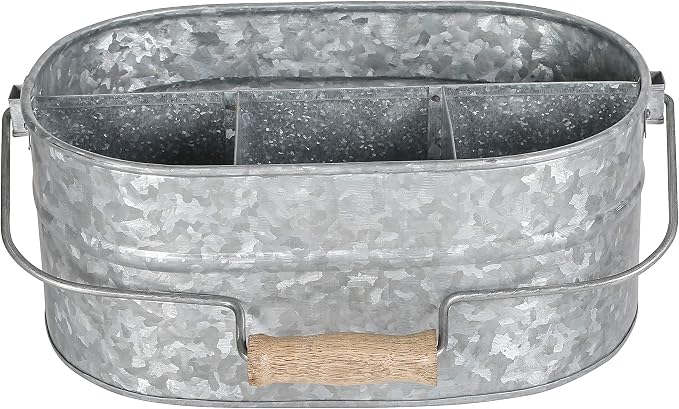 Alpha Living Home Galvanized Metal Utensil Caddy - Rustic Farmhouse Organizer Metal Garden Caddy with 4 Compartments and Wooden Handle for Kitchen, Buffet & Outdoor Events (Silver)