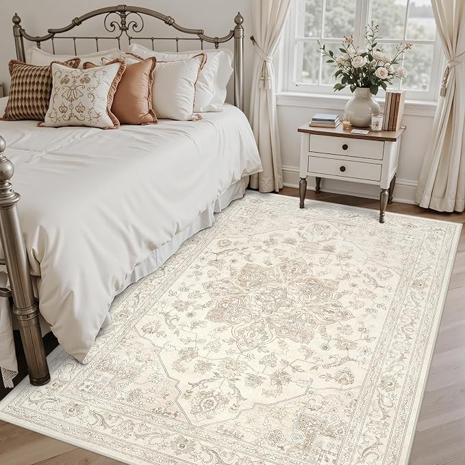 6x9 Area Rugs Living Room: Bedroom Washable Carpet Beige White | Vintage Boho Soft Small Indoor Decor Floor Non-Slip Low Pile Neutral Farmhouse Entryway Laundry Bathroom Bedroom Beside Rugs