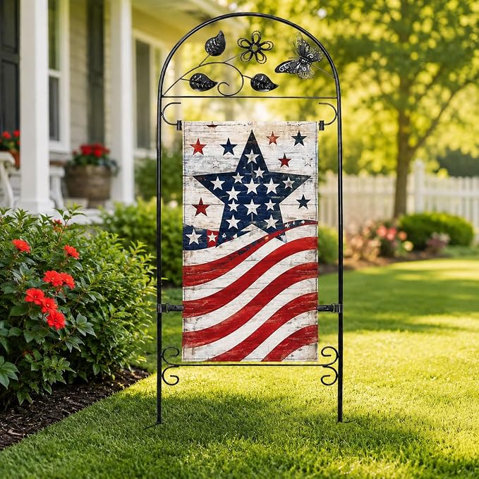 AceList Garden Flag Holder Stand for Outside, Wrought Iron Butterfly Yard Flag Pole Holder with 8-Prong Base & Windproof Velcro Clips, Heavy Duty Garden Flag Stand for 12x18 Flags, Black, (Flag Not Included)
