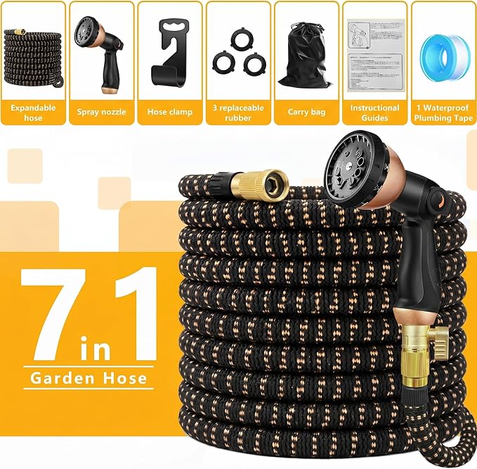 100 ft Expandable Garden Hose, Lightweight Expanding Water Hose with 10 Function Nozzle, 3/4" Solid Brass Fittings, 5-Layer Latex Core, No-Kink Flexible Retractable Hose for Patio, RV, Car Washing