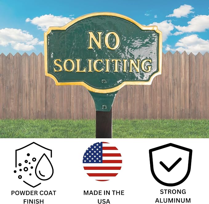 Montague Metal Products Montague No Soliciting Statement Plaque, Cast Metal No Soliciting Statement Sign - WALL Display - Warning Sign - Business Signage - Easy to Install - UV Resistant (Green/Gold, 4.5" x 7.15" with 17.5" Lawn Stake)