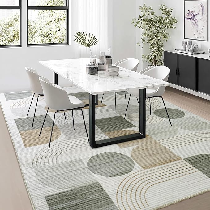 Soft Modern Geometric Abstract Large Machine Washable 10x14 Area Rug | Beige Rugs for Bedroom Living Room, Non-Shedding Faux Wool Indoor Throw Floor Carpet for Office Entryway Dining Room Decor
