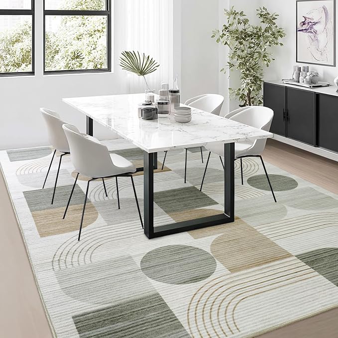 Soft Modern Geometric Abstract Machine Washable Large 9x12 Area Rug | Beige Rugs for Bedroom Living Room, Non-Shedding Faux Wool Indoor Throw Floor Carpet for Office Entryway Dining Room Decor