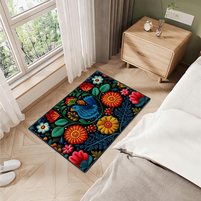 Blue Bird Folk Art Floral 2x3 Entry Rug,Washable Small Rugs for Entryway Kitchen Bathroom Door Mat Indoor Entrance,Non Slip Rubber Backing, Stain & Fade Resistant,Vibrant Mexican Embroidery Decor