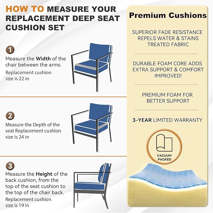 Luxury Outdoor Cushions Set 24 x 22 Inch, 5" Thick Sunbrella Patio Furniture Cushions, 30D Sponge Filling Fade Waterproof Fade Resistant with Removable Covers and Lumbar Pillow, Midnight Blue