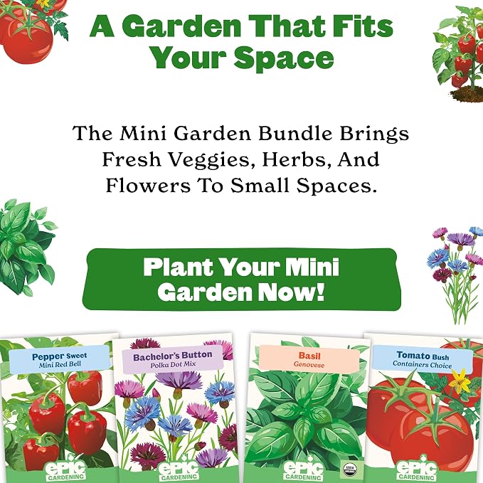 Epic Gardening Mini Garden Seed Kit - 4 Varieties for Small-Space Gardening, Includes Tomatoes, Peppers, Basil & Flowers, Perfect for Urban Gardening in Containers or Indoors, Non-GMO Seeds