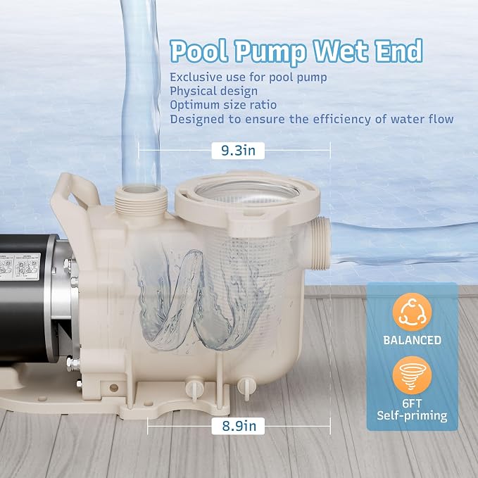 Single Speed Pool Pump 1.5HP, 115/208-230V, 6340GPH, In/Above Pool Pump, Low Nosie, High Flow, Powerful Self Primming Swimming Pool Pumps Inground with 2"/1.5" Fittings - 2 Year Warranty