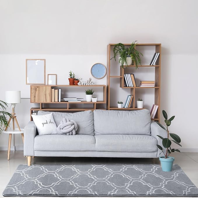 Chicrug 2x6 Shag Geometric Modern Runner Rug for Bedroom Hallway | Memory Foam Indoor Runner Carpet, Fluffy Rug for Living Room Bedside Room for Family, Grey and White