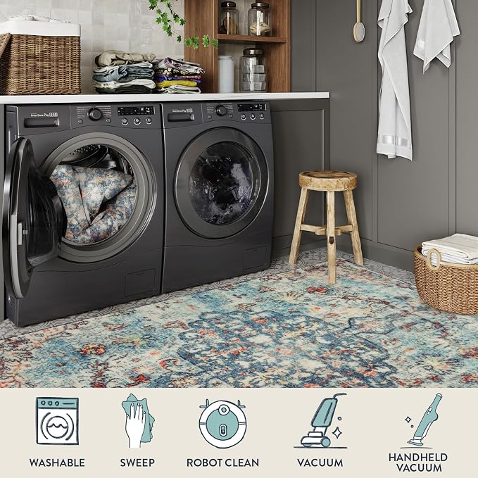 Lahome Reine Bohemian Floral Medallion Area Rug - 2x3 Vintage Teal Distressed Small Entryway Rug Turkish Doormat Faux Wool Non-Slip Washable Low-Pile Carpet for Bathroom Kitchen Laundry Room Decor