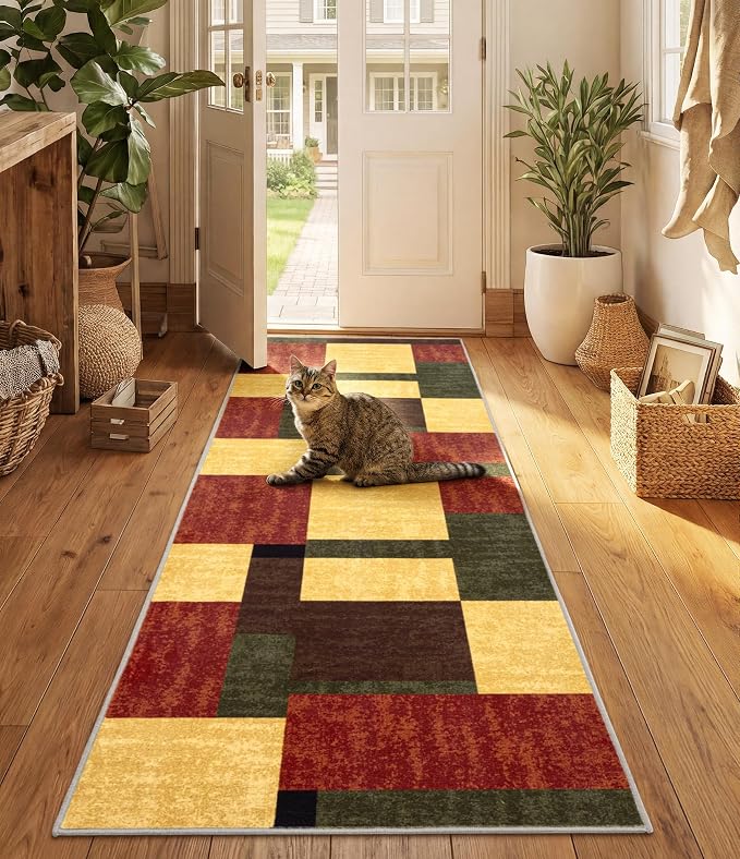 Red and Green Runner Rug 2x6 for Hallway, Burgundy Farmhouse Vintage Rugs Washable,Burnt Orange Area Rug Non Slip,Geometric Boho Area Rug for Kitchen