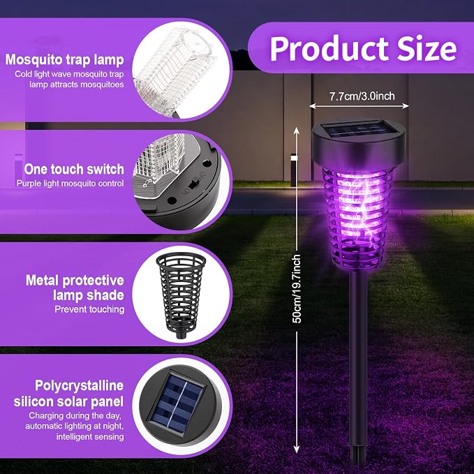 Qualirey 4 Pack Solar Bug Zapper Outdoor Waterproof Mosquito Repellent Killer Bug Zapper Lamp with LED Light for Outdoor Garden Patio Yard (Purple and Warm Light,Black)