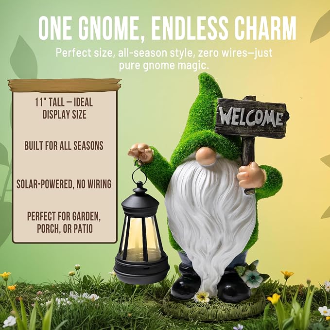 Garden Gnomes Outdoor with LED Solar Light - 11’’ Summer Season Gnome - Funny Decorations, House Warming - Porch, Deck, Home, Yard, Patio, Solar Lantern Statues - Birthday Gifts