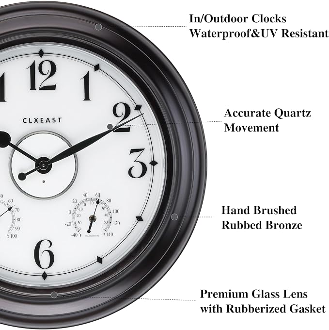CLXEAST 24 Inch LED Self-Illuminated Outdoor Metal Clocks Waterproof, Large Lighted Outdoor Clock with Temperature and Humidity,Oil Rubbed Bronze Black,Spring Garden Decor