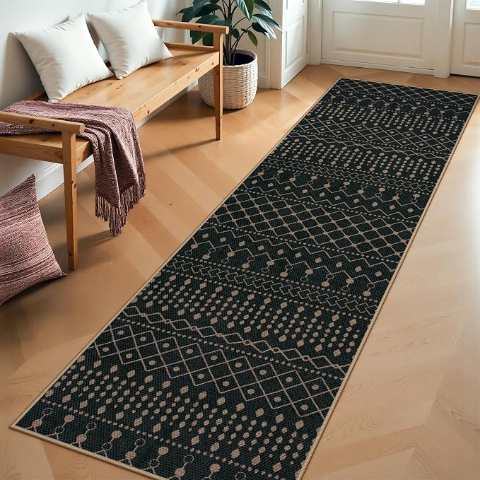 Lahome Moroccan Easy Jute Washable Runner Rug, 2x8 Black Kitchen Runner | Distressed Print Geometric Carpet for Inside Entryway Hallways Laundry Room Foyer