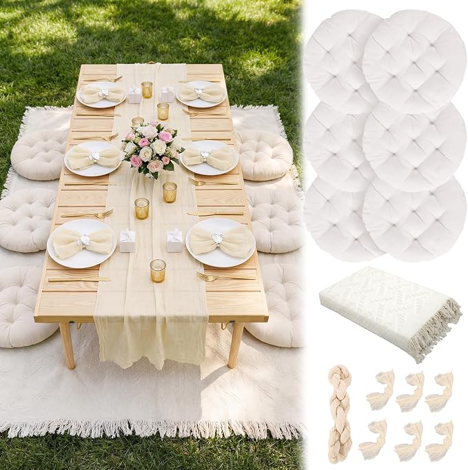 Beeveer Extra Large Outdoor Picnic Blanket with Table Runner Napkins and Floor Pillows Cushions for Picnic Party Camping Wedding Bachelorette Birthday Baby Shower Decor(71x91'',Beige,6 Set)