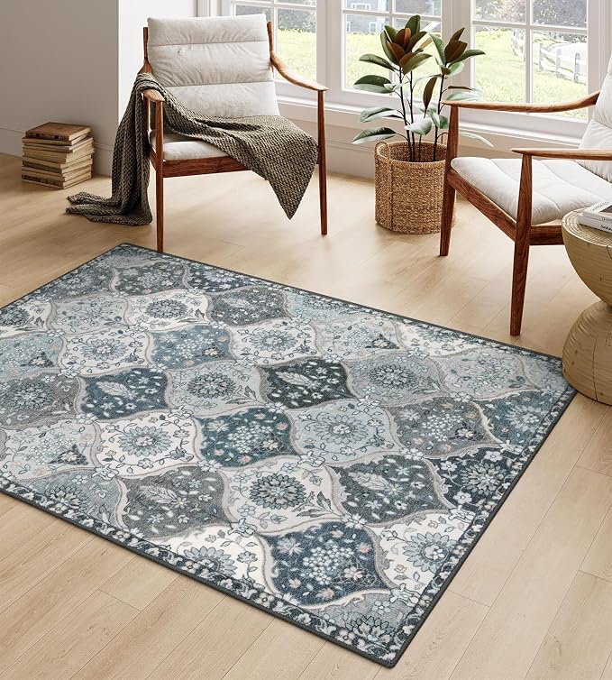 Lahome Moroccan Washable Living Room Rug, 5x8 Rugs for Bedroom Dining Room | Soft Non-Slip Non Shedding Boho Distressed Throw Carpet for Nursery Office Elise, Blue