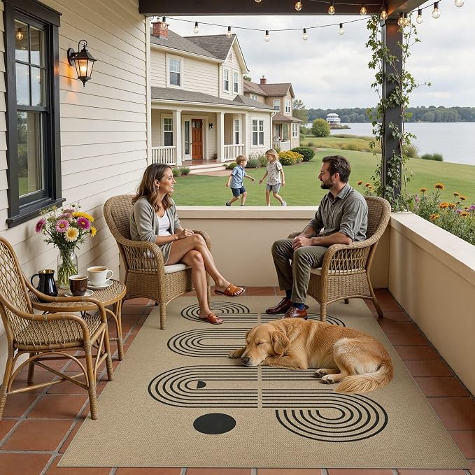 UERMEI 5x7 Outdoor Jute Area Rug Patio Neutral Washable Geometric Brown | Easy Non Slip Pet Friendly Indoor Farmhouse Carpet for Living Room Bedroom Dining Backyard