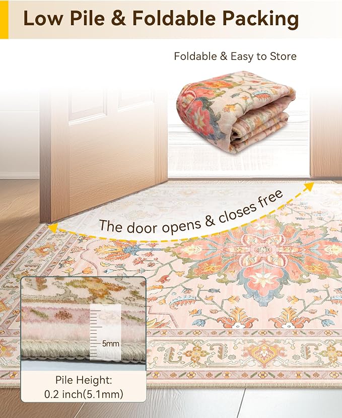RELEANY Washable Area Rug, Small 2'6"x4', Pink/Light Pink/Colorful | Non-Slip, Water Repellent, Pet Friendly, Easy to Clean, Vintage Floral Boho Decor for Kitchen Entryway Bathroom