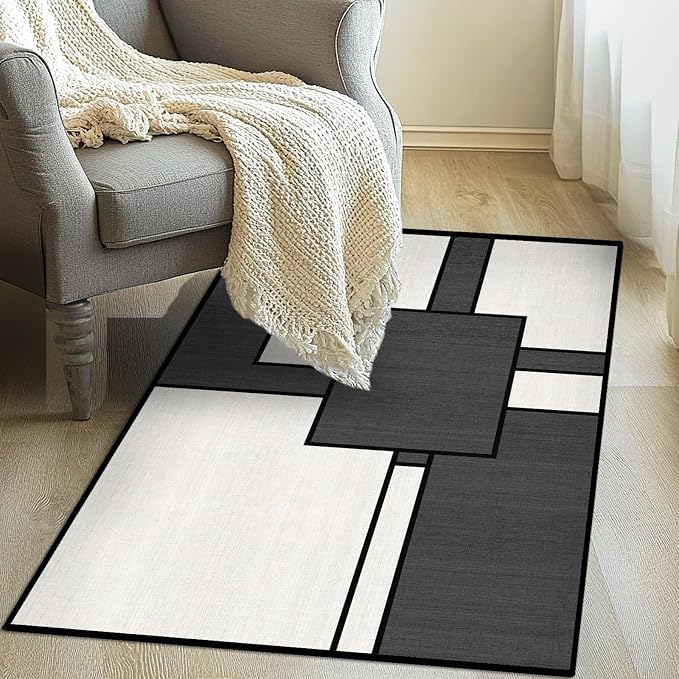 Black and White Entryway Area Rug 2x3 Geometric Small Rug for Entry | Machine Washable Geometric Door Mat Low Pile Abstract Rugs Non-Slip Carpet for Entry Bedroom Kitchen Bathroom Laundry
