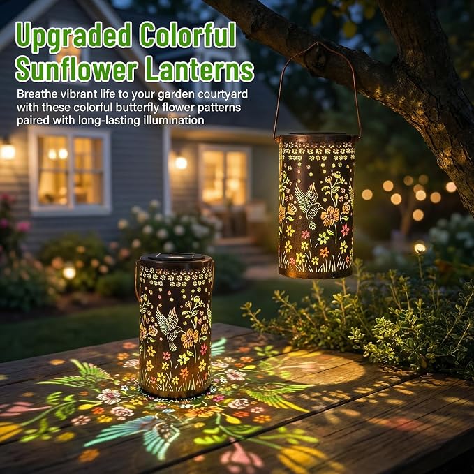2 Pack Colorful Hummingbird Solar Lanterns Outdoor Waterproof, Decorative Metal Hanging Lantern Hummingbird Solar Lantern for Porch Yard Tabletop Path Garden Decor, Ideal Gifts for Mom Wife Grandma