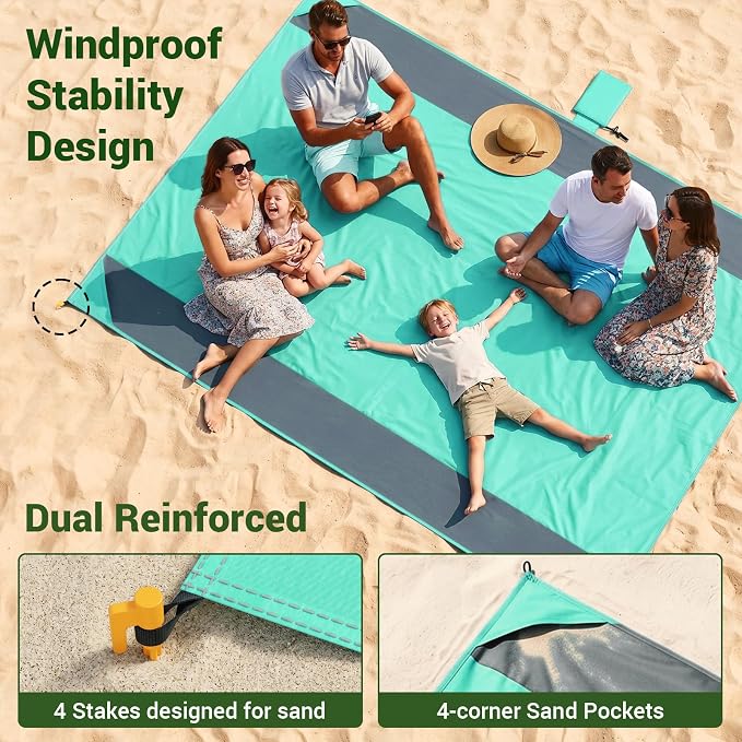 Wolfwise 78" × 108" XXL Beach Blanket, Waterproof & Sandproof Picnic Mat with 4 Sand Pockets & 4 Stakes, Windproof Outdoor Camping Beach Mat, Lightweight, Fits 6 People, Green