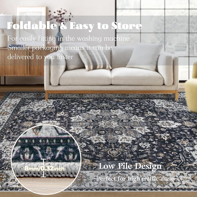 Area Rug 8x10 Washable Rug, Vintage Boho Medallion Rugs Non-Slip Soft Low Pile Large Distressed Rug Indoor Retro Carpet for Living Room Bedroom Dining Room Home Office (Vintage Black, 8'x10')