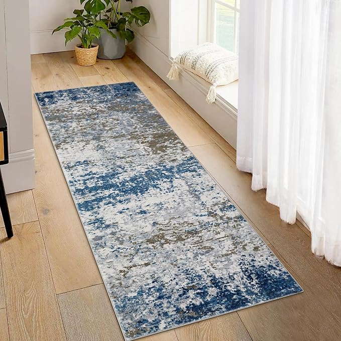 ROYHOME 2x6 Modern Abstract Runner Rug for Hallway Kitchen Bathroom, Navy | Non Slip Soft Machine Washable Stain Resistant Rugs Low Pile Non Shed Rug